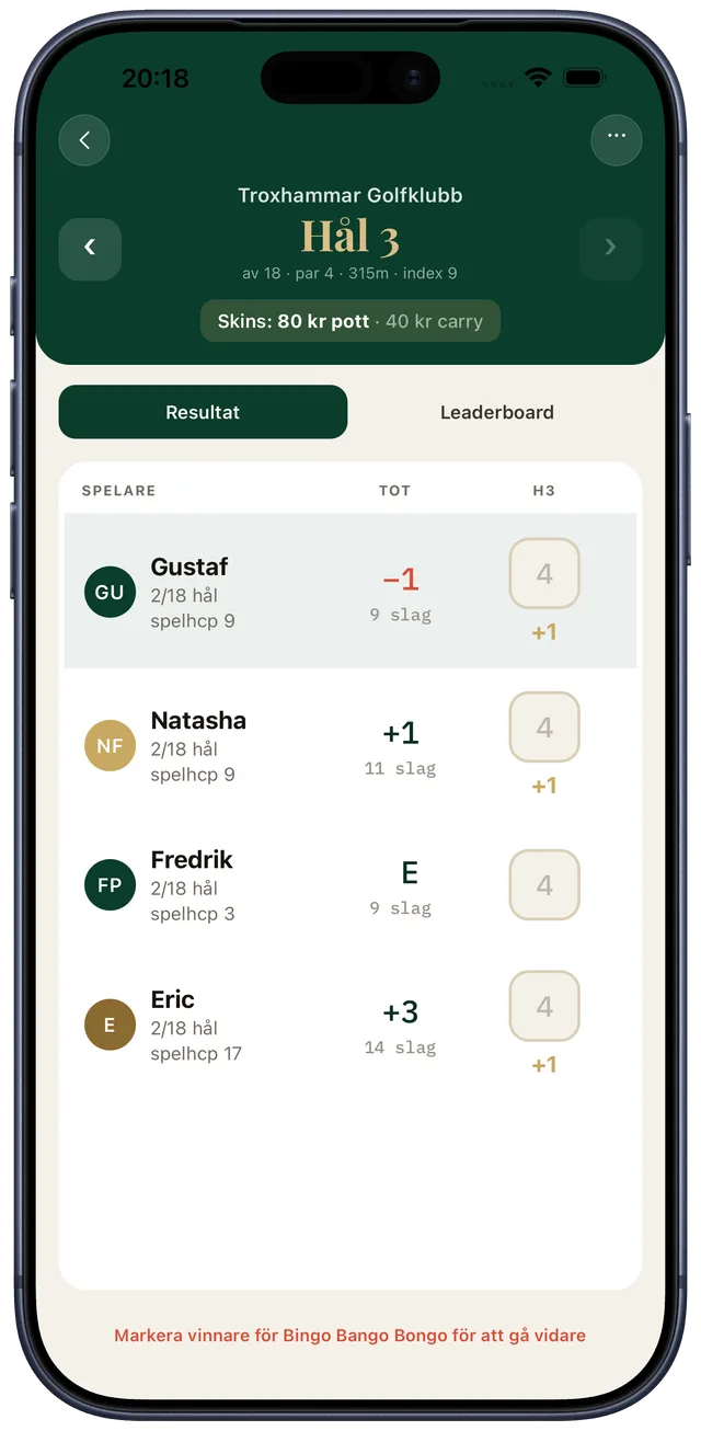 Wager Golf live-scorekort på iPhone